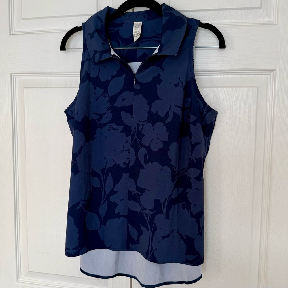 SPANX Navy Floral Sleeveless Zip Polo Tank Top
